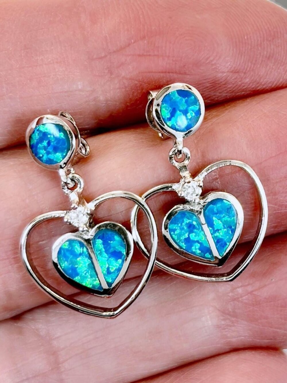 Opal Earrings, Dangle, Sterling Silver, Hearts, Vintage Earrings, Lab Opal, Boho